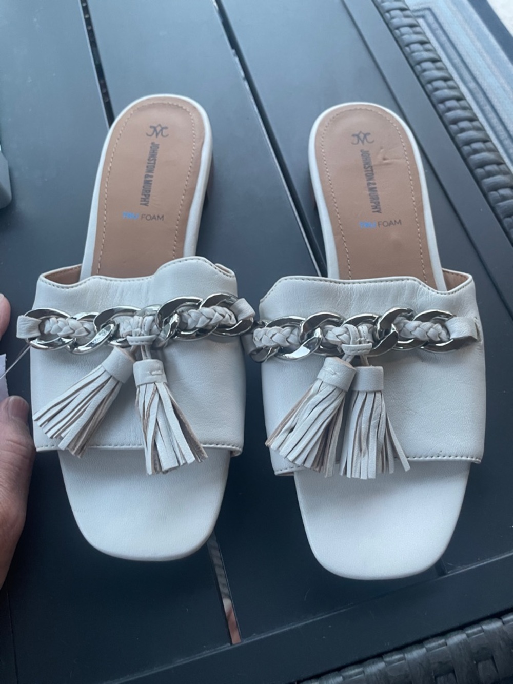 White sandals with chain link design